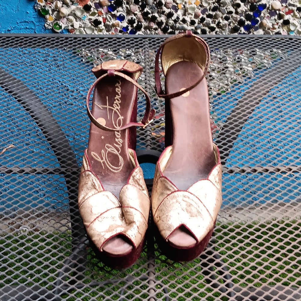 Vintage Red Leather and Velvet Platform Shoe from the 80s